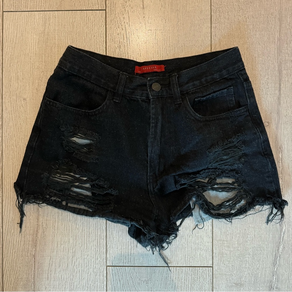 Black Denim Distressed Shorts by Caffeine